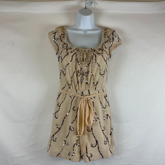 Shail K. Romper 2 Cream Brown Sequin Rhinestones Lined Short Sleeve Tie Waist - Picture 1 of 14
